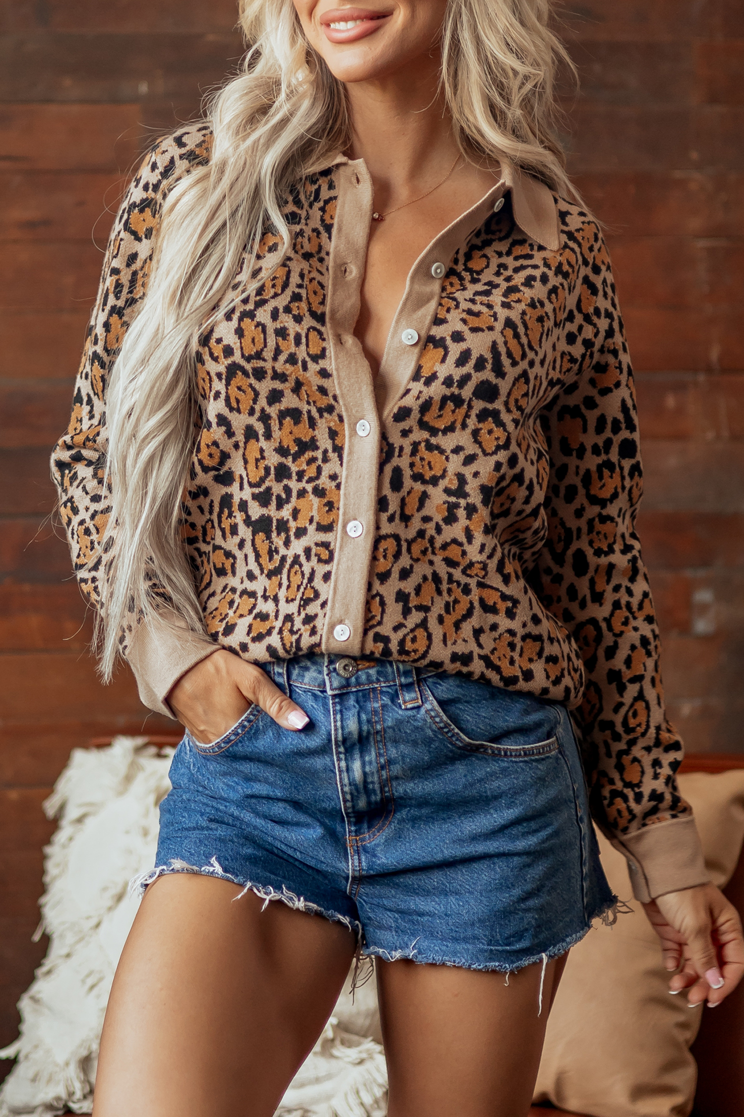 Casual Leopard Print Cardigan, Collared Autumn Button Down - Detail View 5