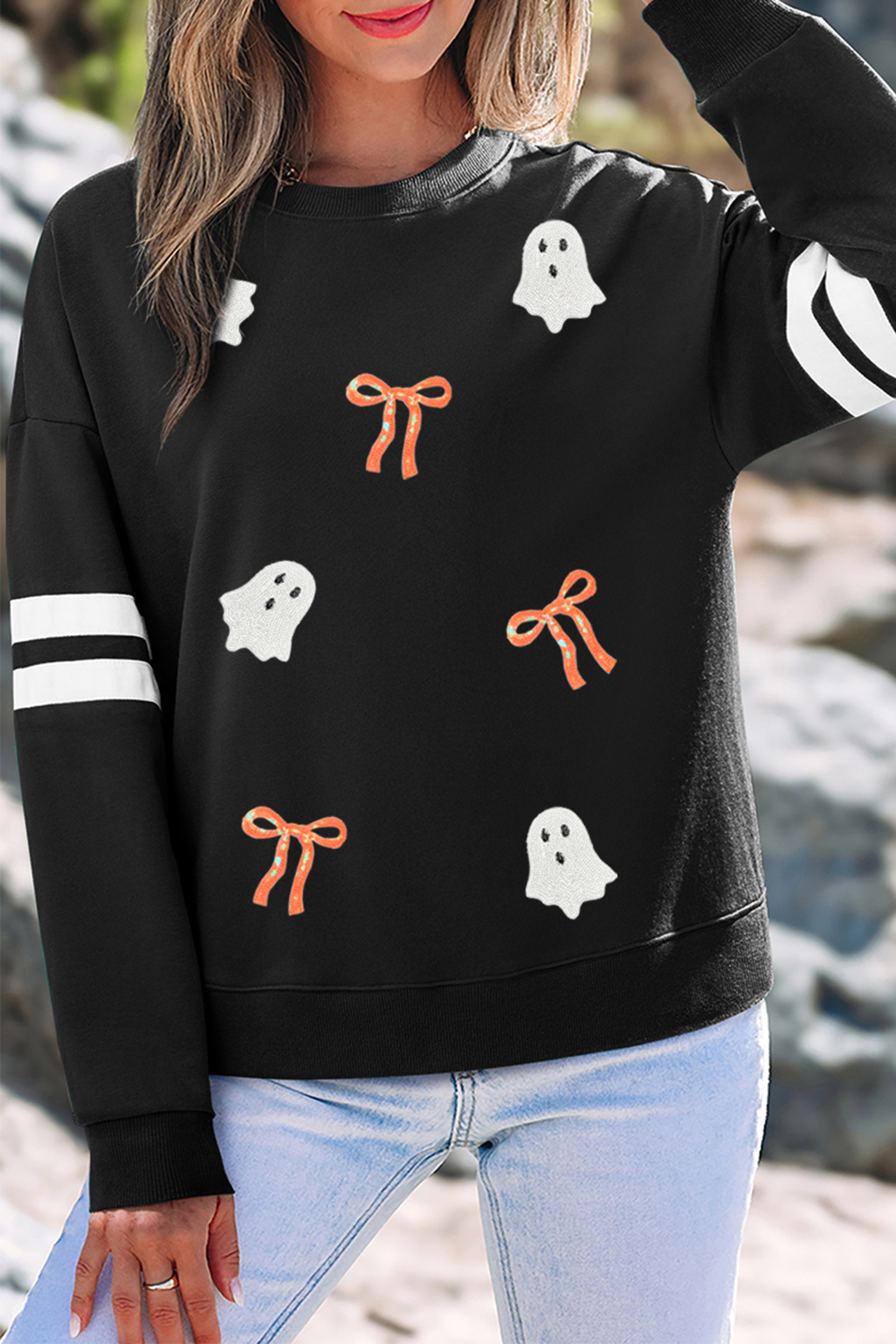 Sequin Ghost Women Halloween Pullover, Striped Sleeve Top - Detail View 8