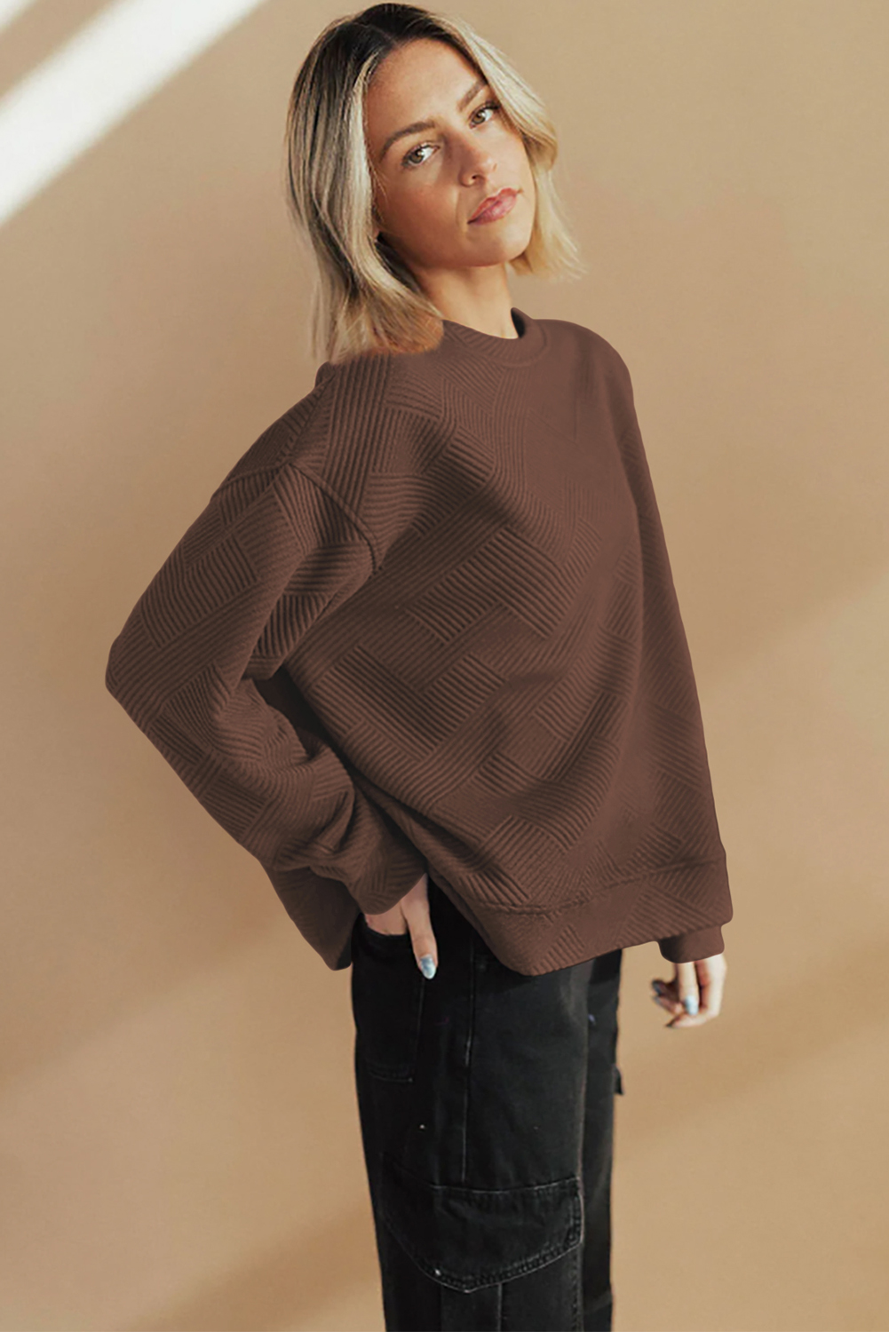 Women's Coffee Pullover, Textured Round Neck Sweatshirt - Detail View 7