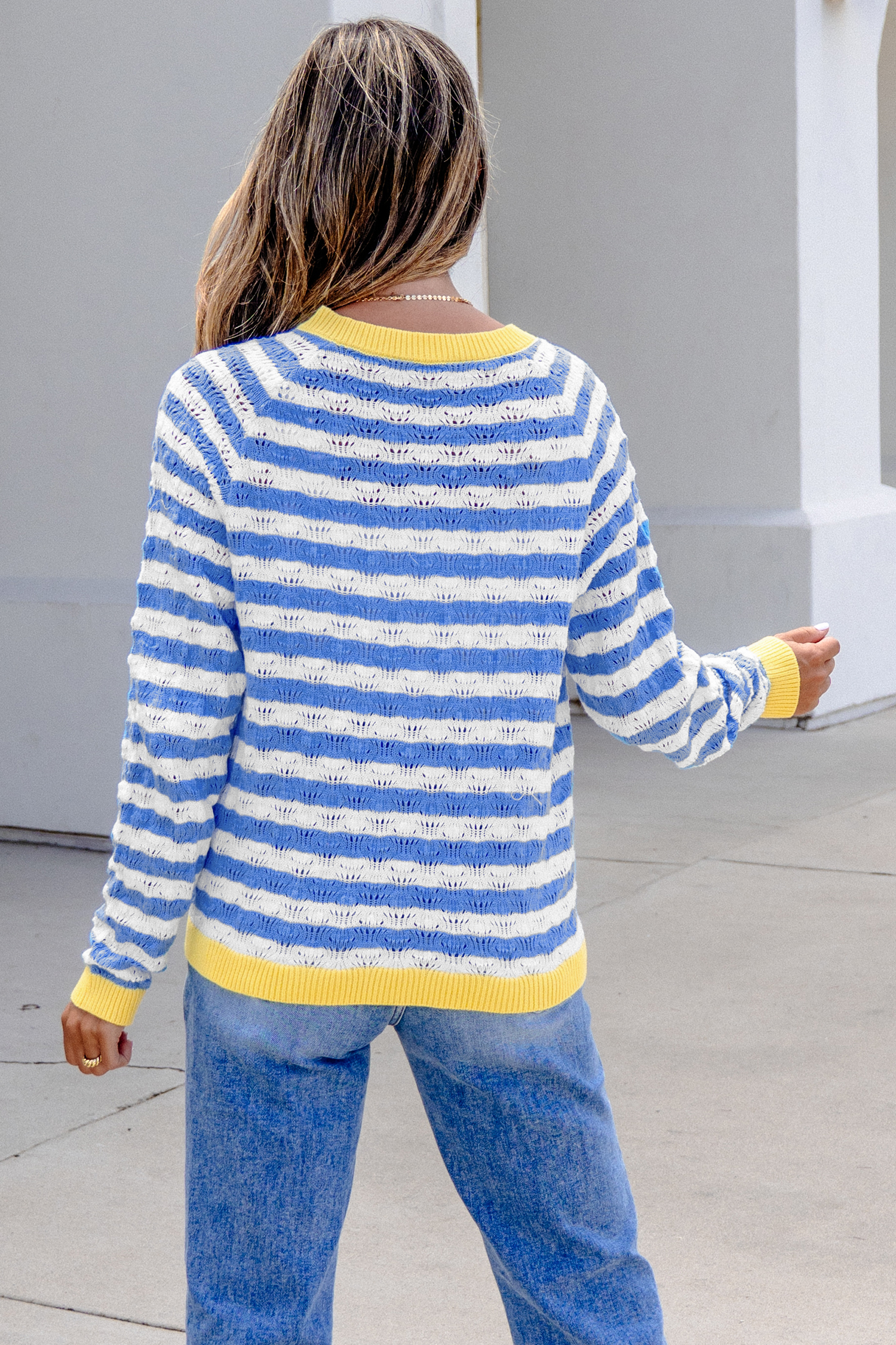Colorblock Striped Cardigan, Long Sleeve Crew Neck Knit Top - Detail View 2