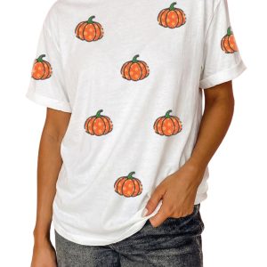 Women's Pumpkin Graphic T Shirt, Sequin Fall Casual Top - Main View