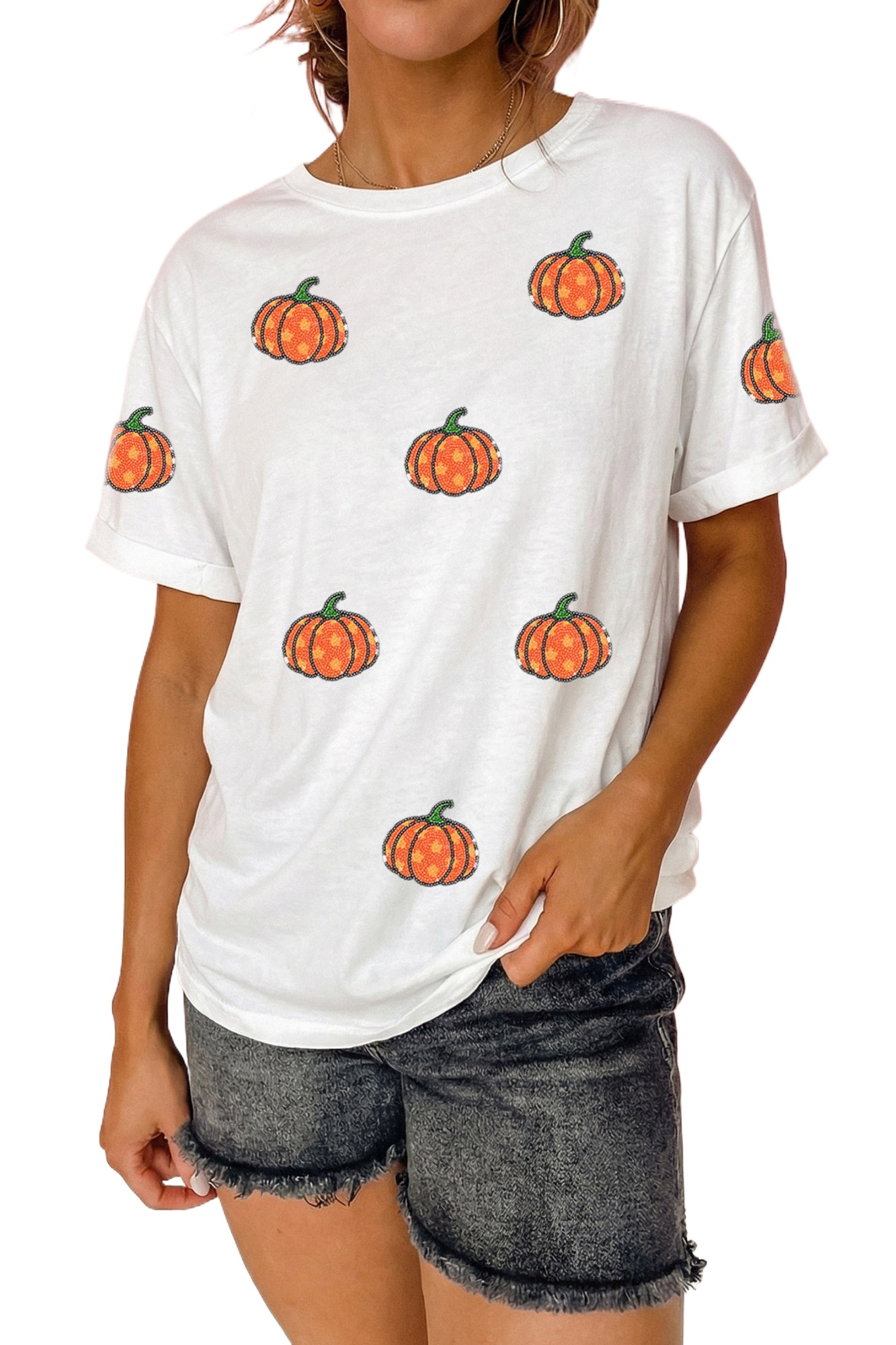 Women's Pumpkin Graphic T Shirt, Sequin Fall Casual Top - Main View