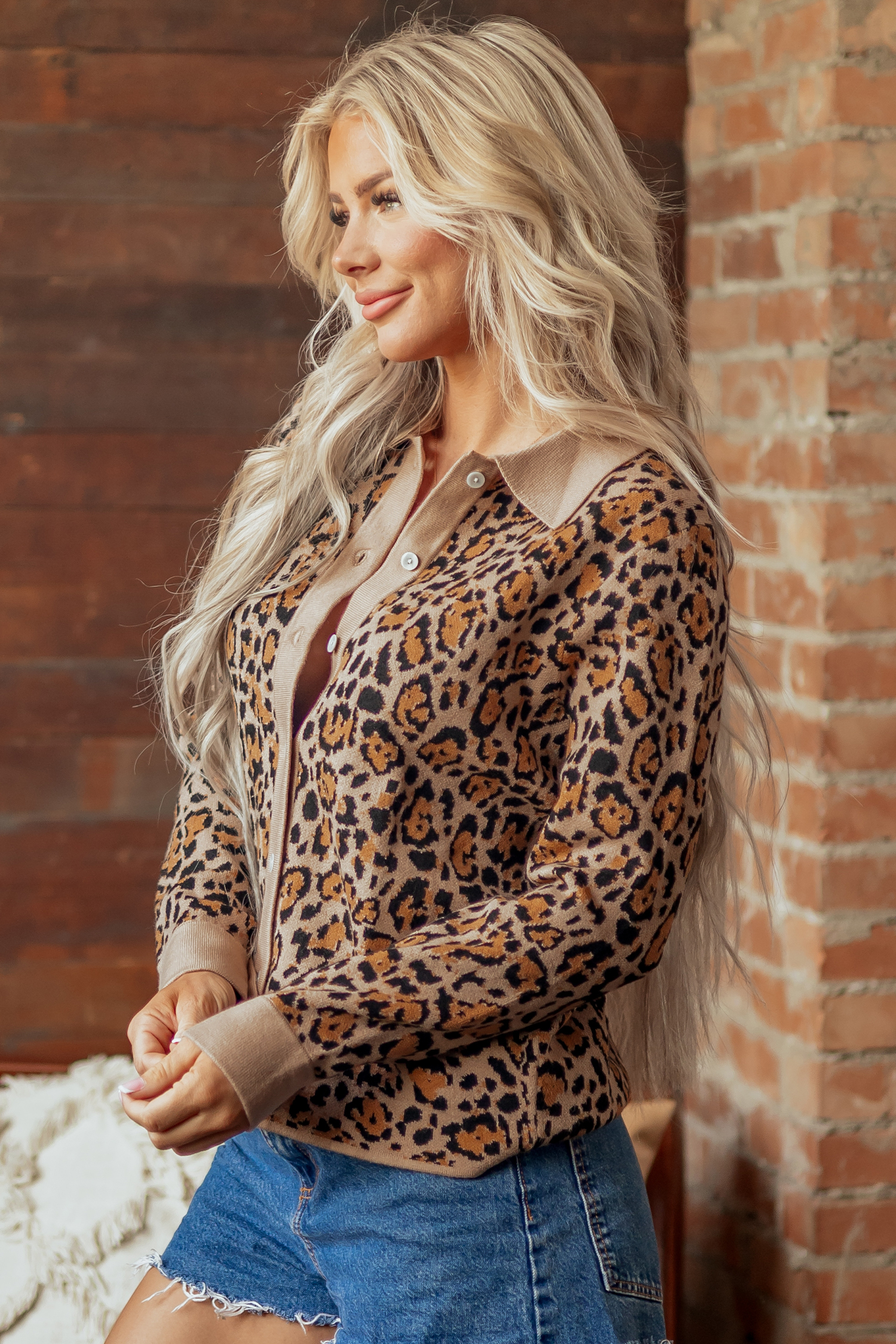 Brown Leopard Knit Cardigan, Chic Long Sleeve Office Layer - Detail View 3