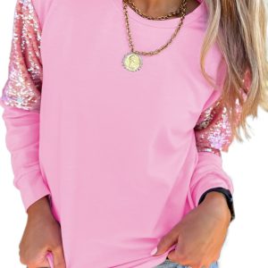 Women's Sequin Sleeve Pullover, Pink Casual Round Neck Top - Main View