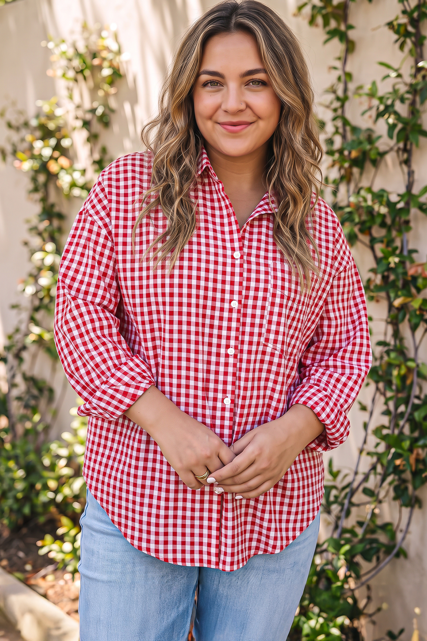 Red Gingham Button Up Shirt, Relaxed Fit Long Sleeve Blouse - Detail View 8