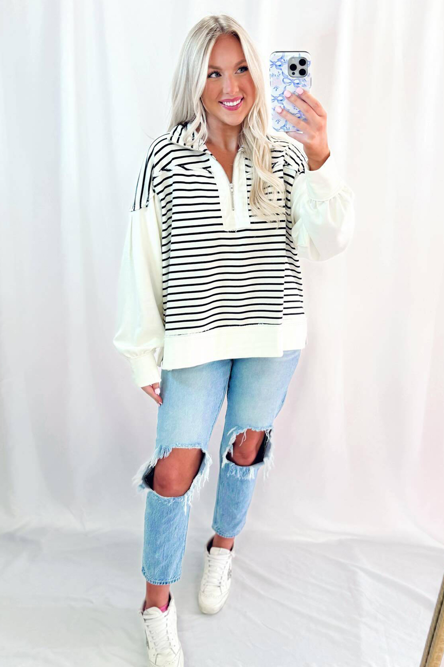 Women's Cotton Blend Stripe Shirt, Comfortable Zip Collar Tee - Detail View 6