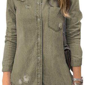 Khaki Distressed Denim Shirt Jacket, Casual Women's Shacket - Main View