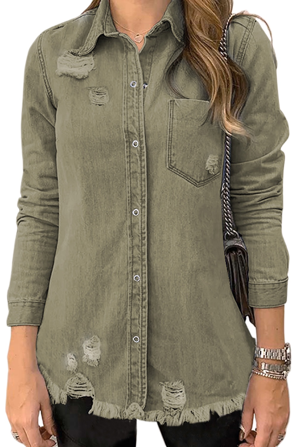 Khaki Distressed Denim Shirt Jacket, Casual Women's Shacket - Main View