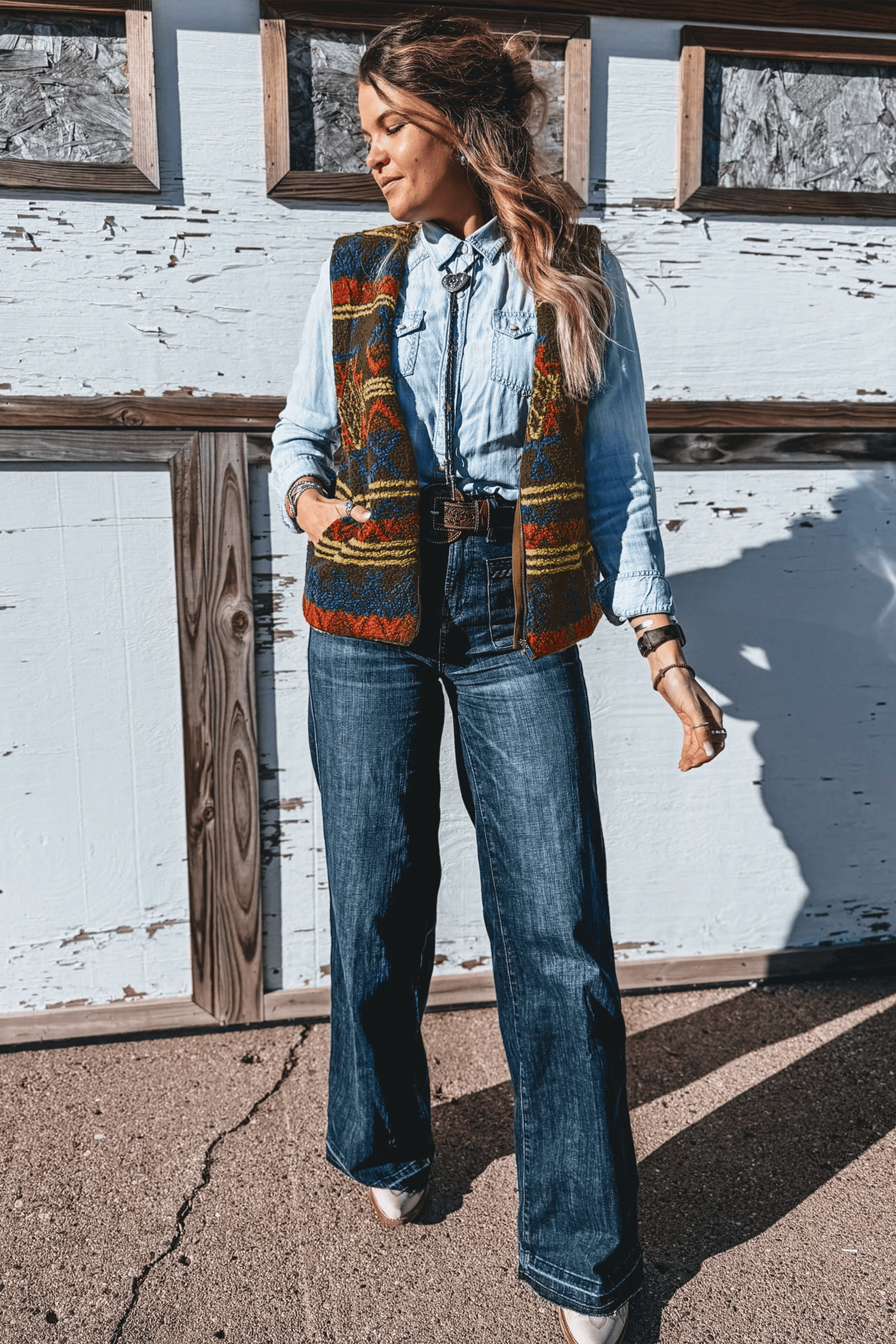 V Neck Western Sherpa Vest, Zip Up Multicolour Layering Piece - Detail View 5