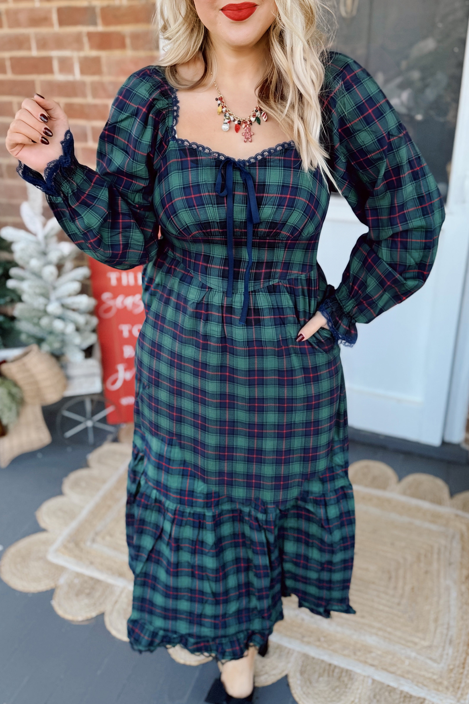 Green Vintage Plaid Dress, Lace Trim Square Neck Maxi Fit - Detail View 3