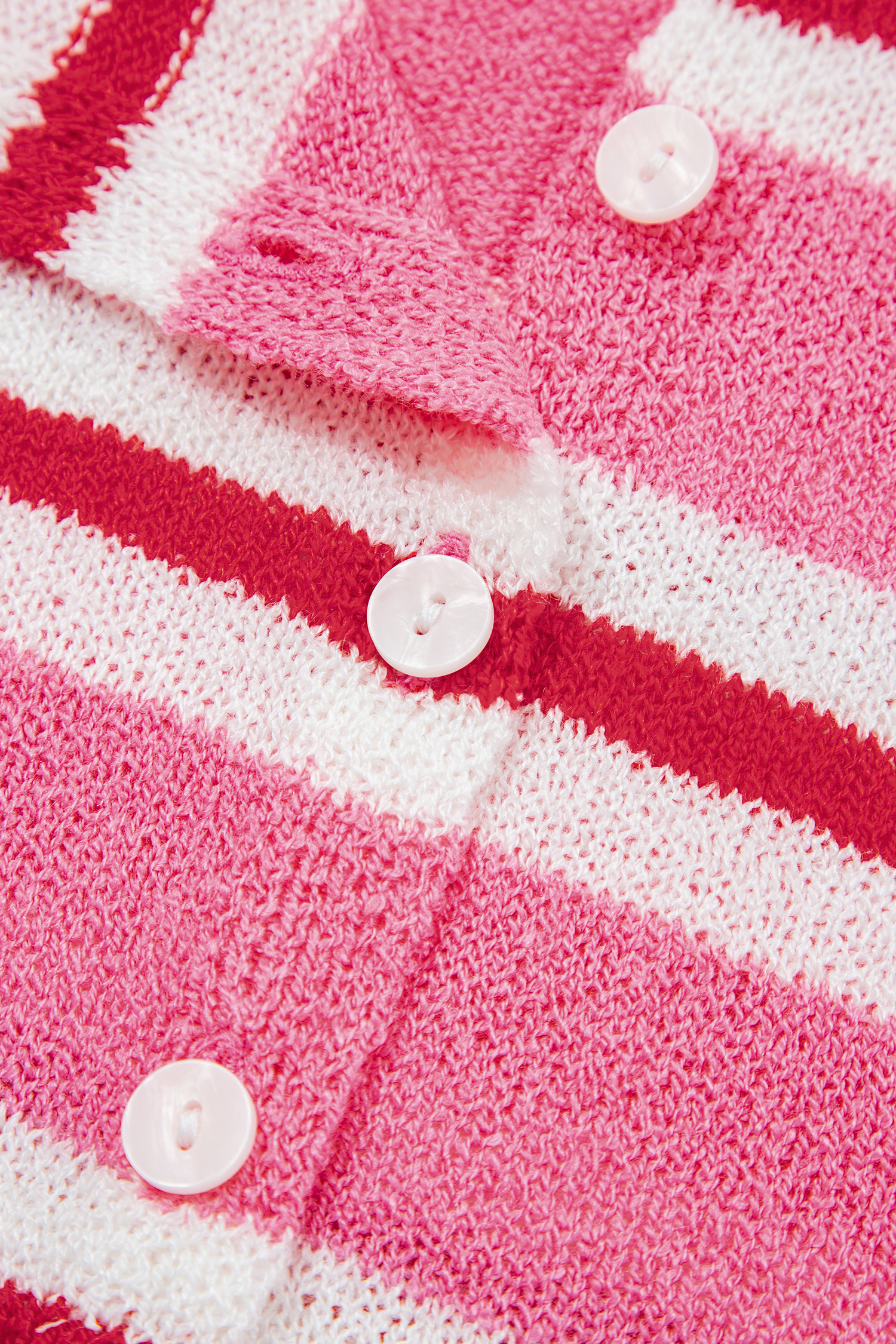 Pink Stripe Knit Cardigan, Long Sleeve Round Neck Button Top - Detail View 11