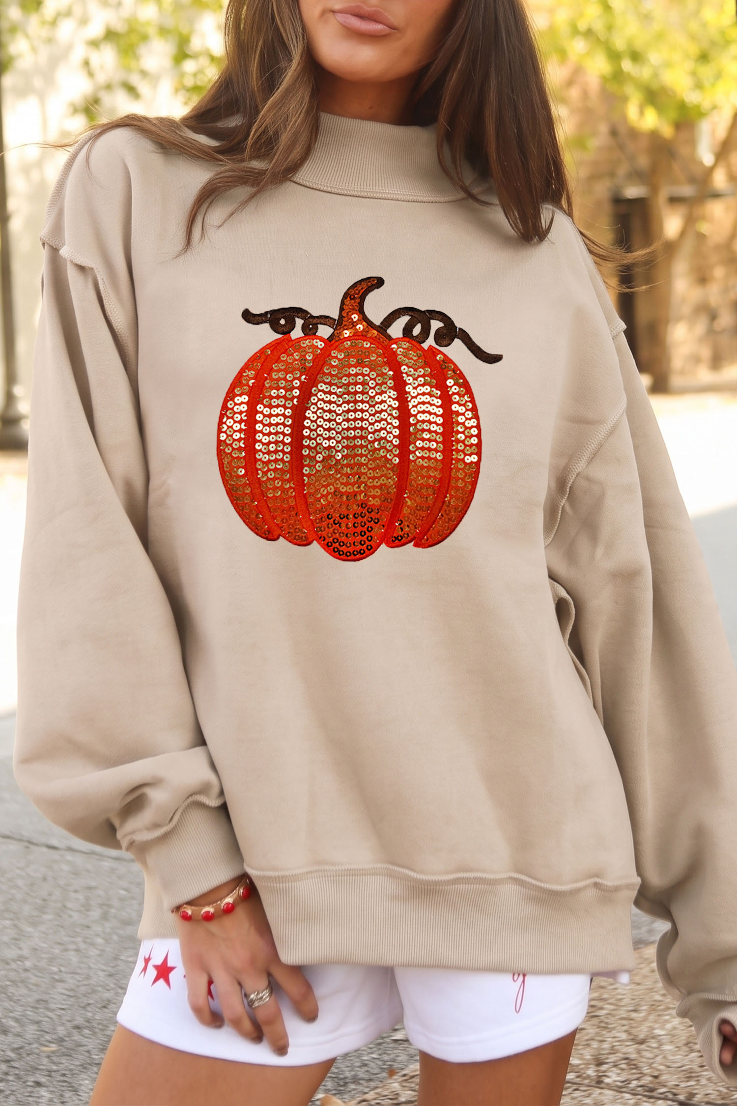 Baggy High Neck Pumpkin Sweatshirt, Soft Cotton Blend - Detail View 6