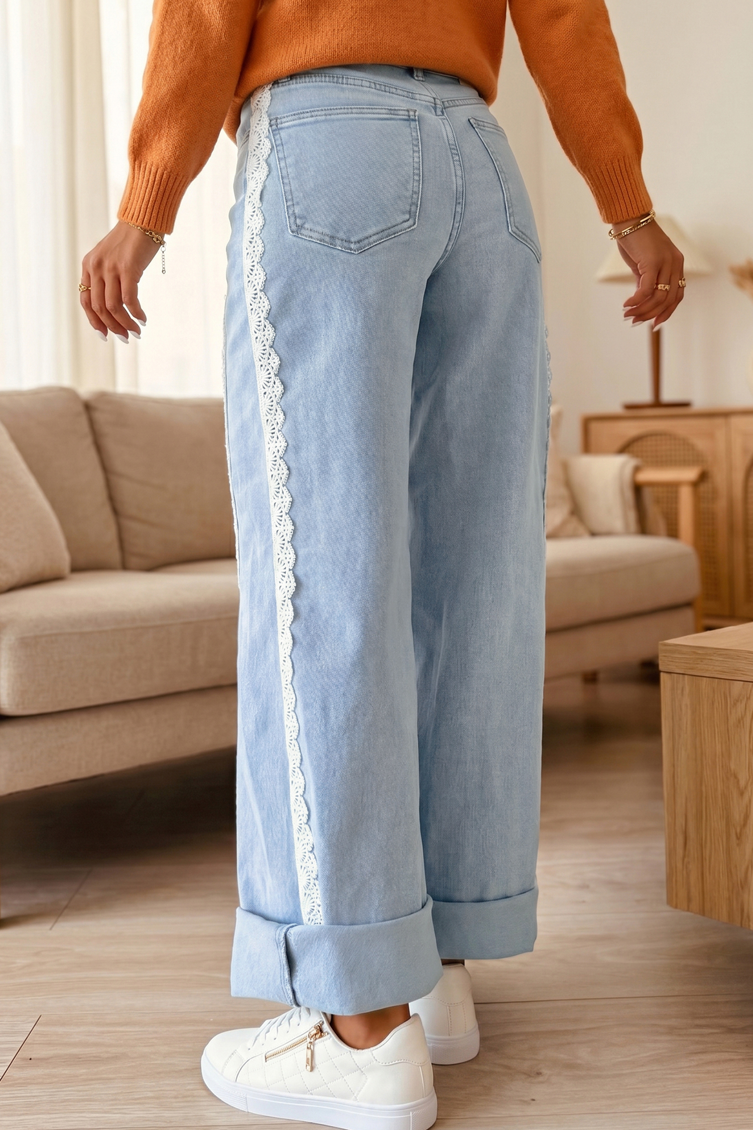 Lace Detail Denim Jeans, Trendy Chic Women Trousers - Detail View 5