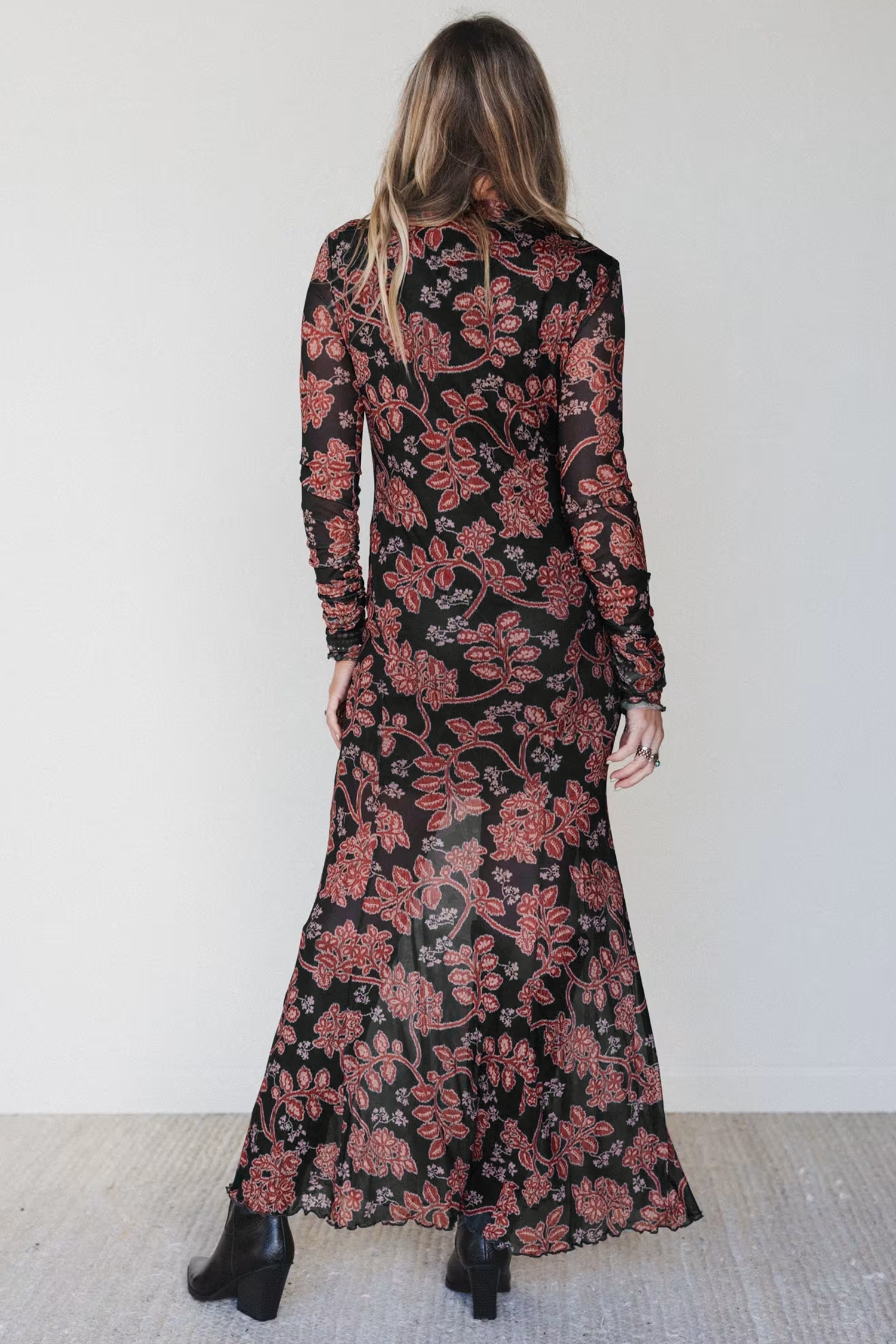 Black Floral Mesh Maxi Dress, Elegant Long Sleeve Fall Style - Detail View 5