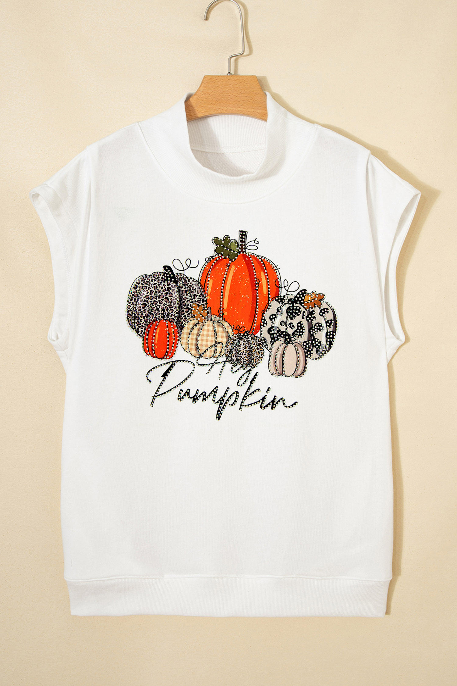Women's Pumpkin Graphic Top, Rhinestone Embellished Tee - Detail View 7