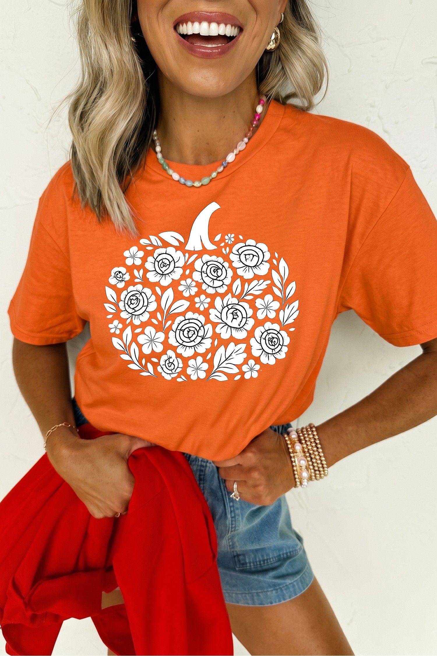 Graphic Pumpkin Print Tee, Women's Fall Seasonal Casual Top - Detail View 8