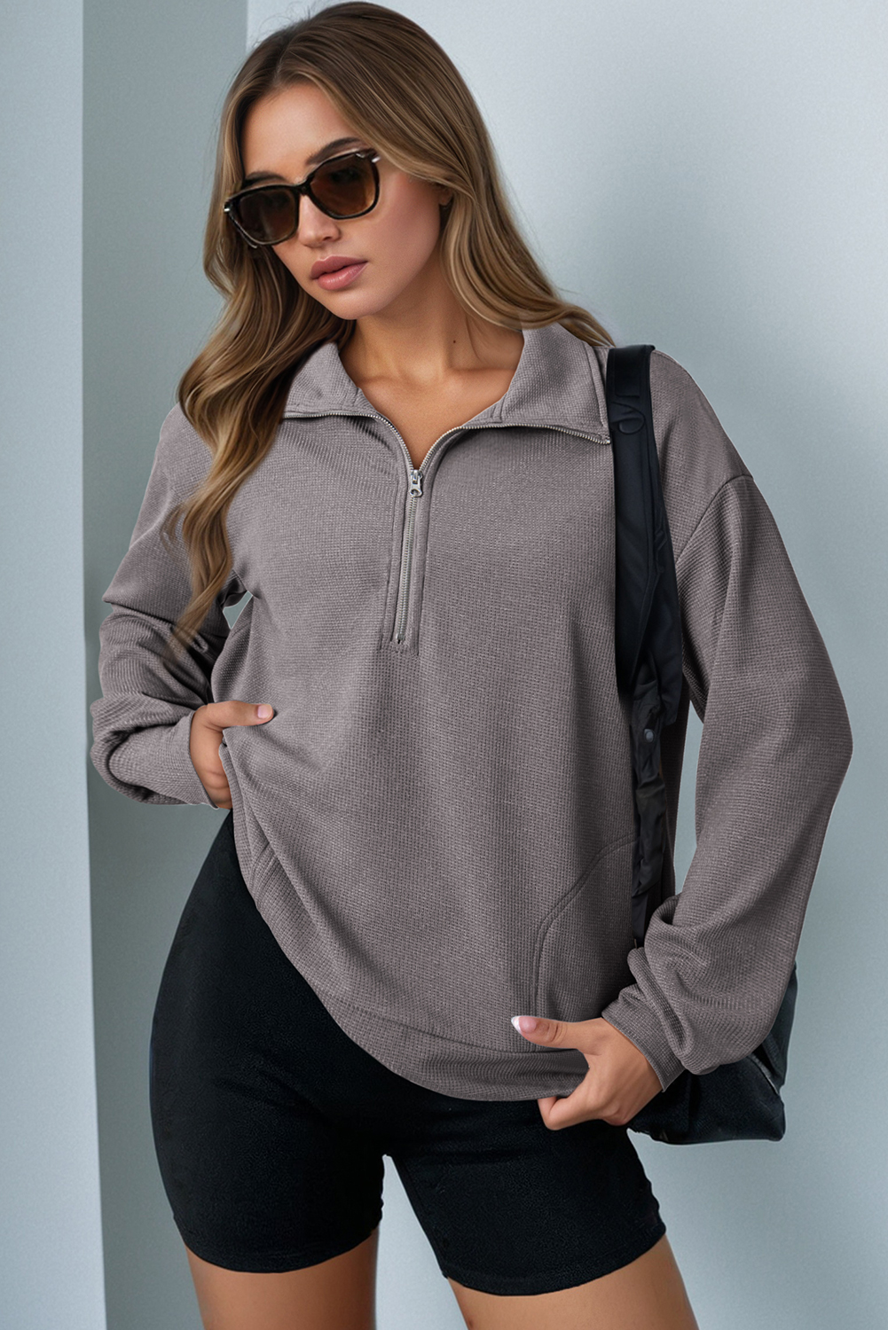 Women's Gray Half Zip Sweatshirt, Casual Waffle Texture Top - Detail View 16
