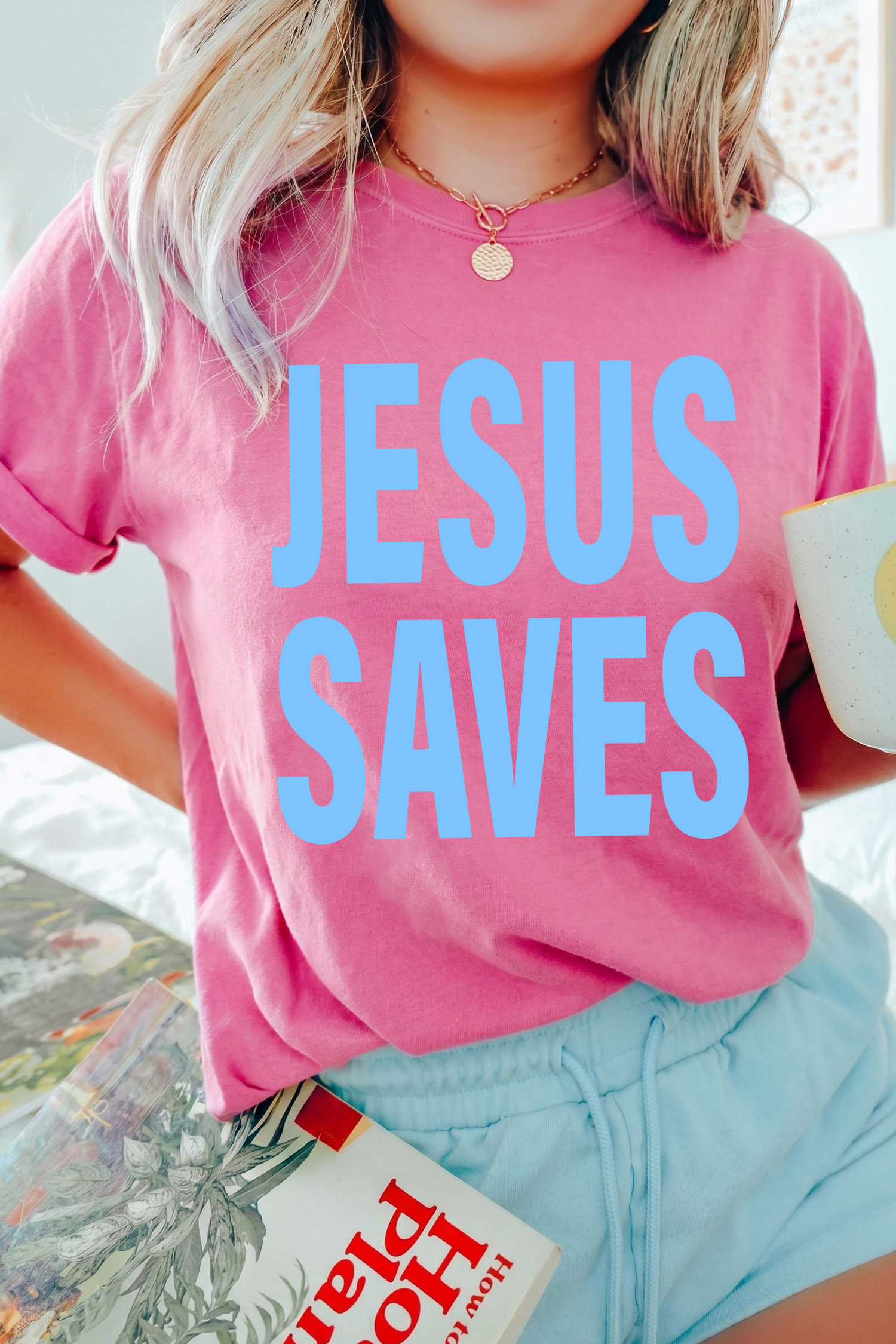 Casual Round Neck Summer Top, Women's Jesus Saves Graphic Tee - Detail View 3