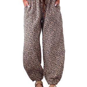Women's Leopard Print Joggers, Casual High Waist Drawstring - Main View
