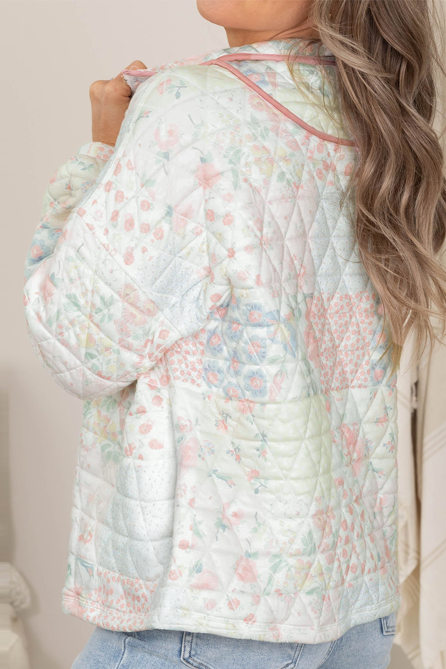 Women's Colorblock Quilted Sweatshirt, Winter Floral Top - Detail View 6