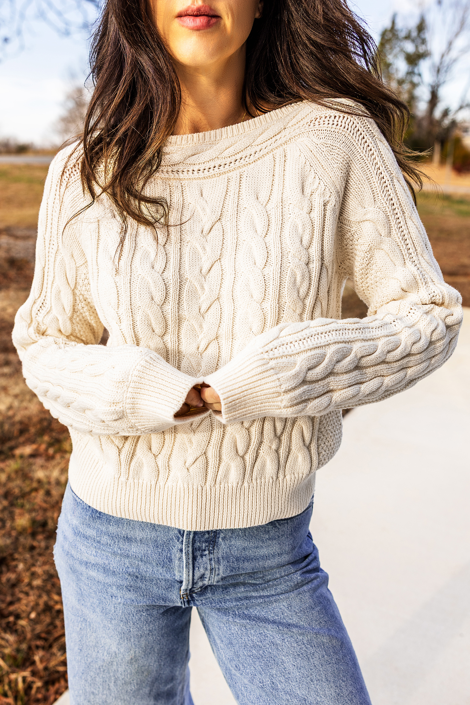 Vintage Style Cable Knit Sweater, Soft Beige Daily Pullover - Detail View 6