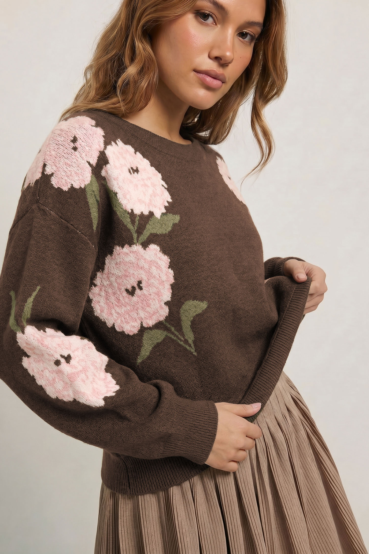 Casual Floral Knit Top, Comfortable Off The Shoulder Sweater - Detail View 3