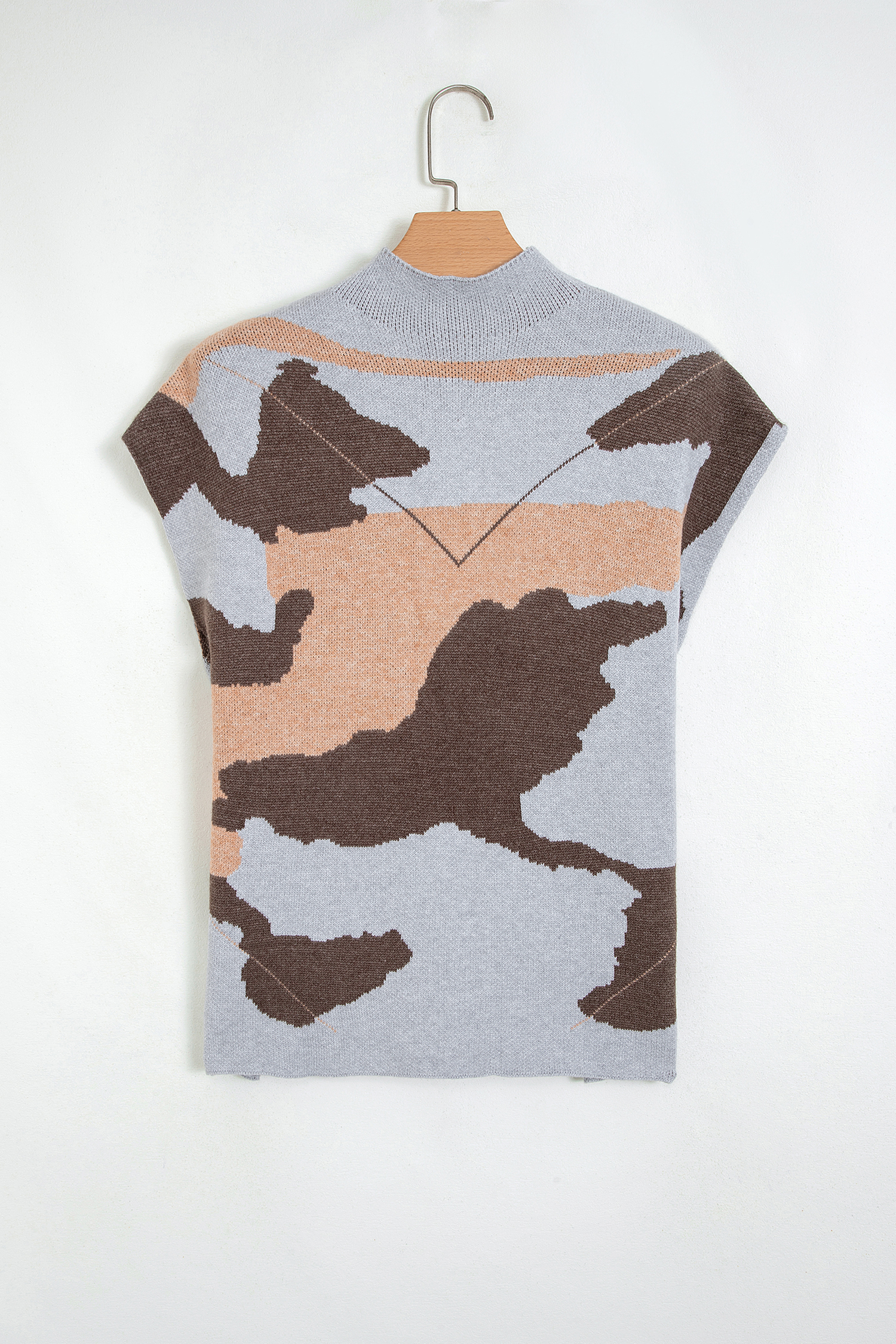 Women's Camouflage Mock Neck Sweater, Short Sleeve Knit Top - Detail View 7