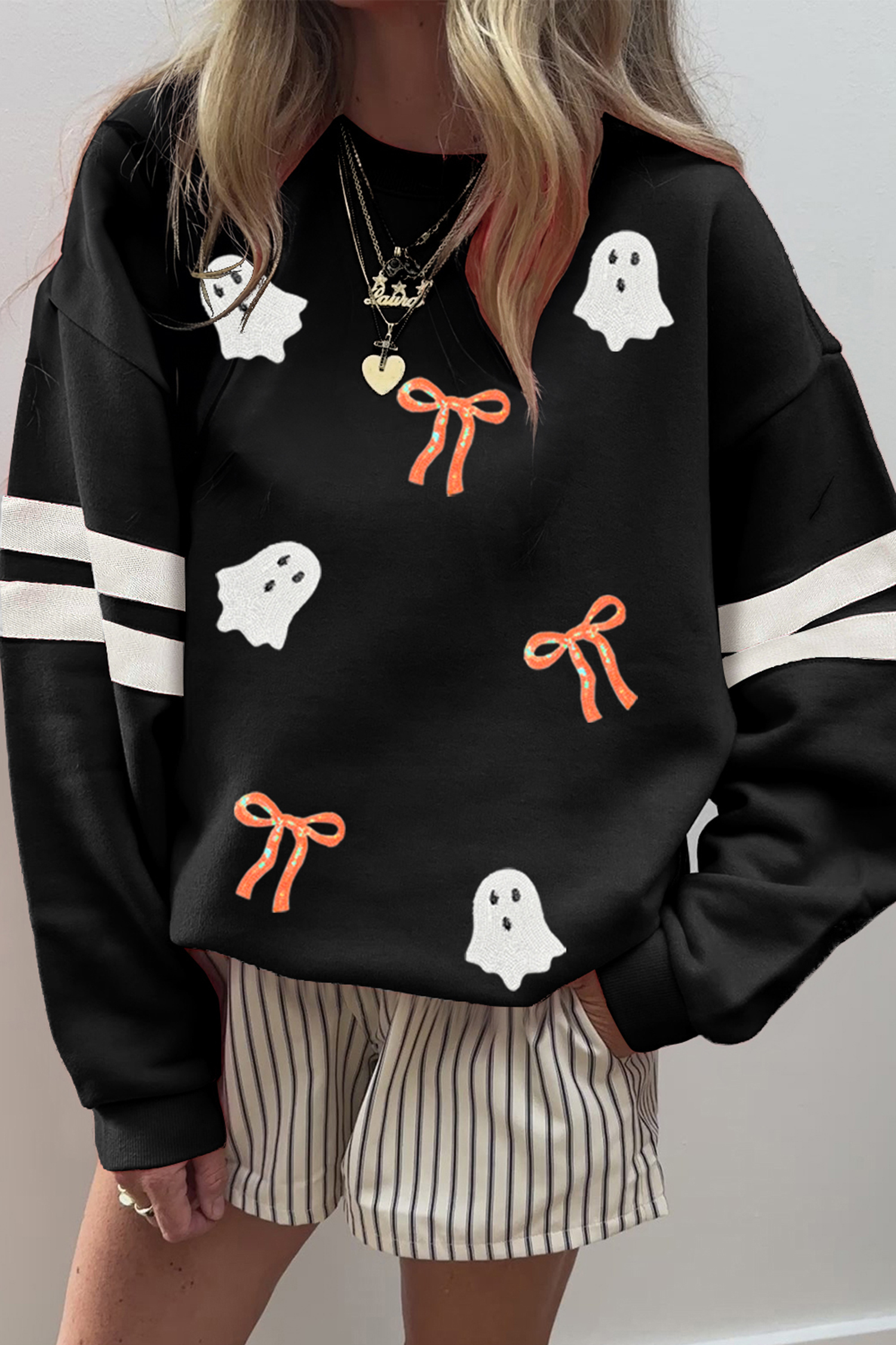 Sequin Ghost Women Halloween Pullover, Striped Sleeve Top - Detail View 2