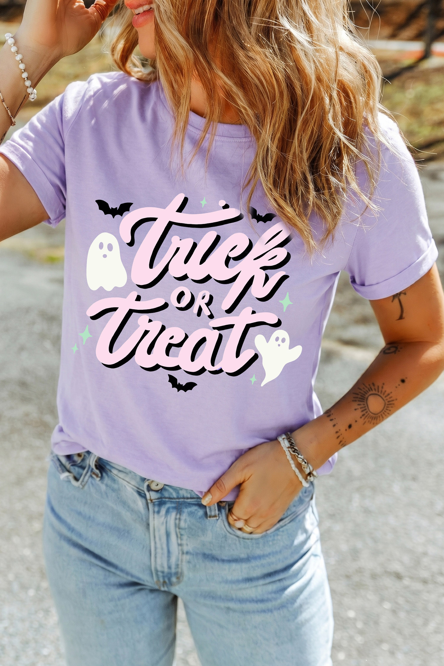 Women's Halloween T-Shirt, Trick Or Treat Graphic Summer Top - Detail View 7