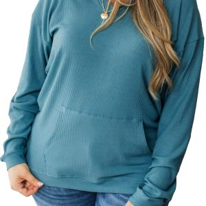 Women's Ribbed Hooded Blouse, Casual Long Sleeve Top - Main View