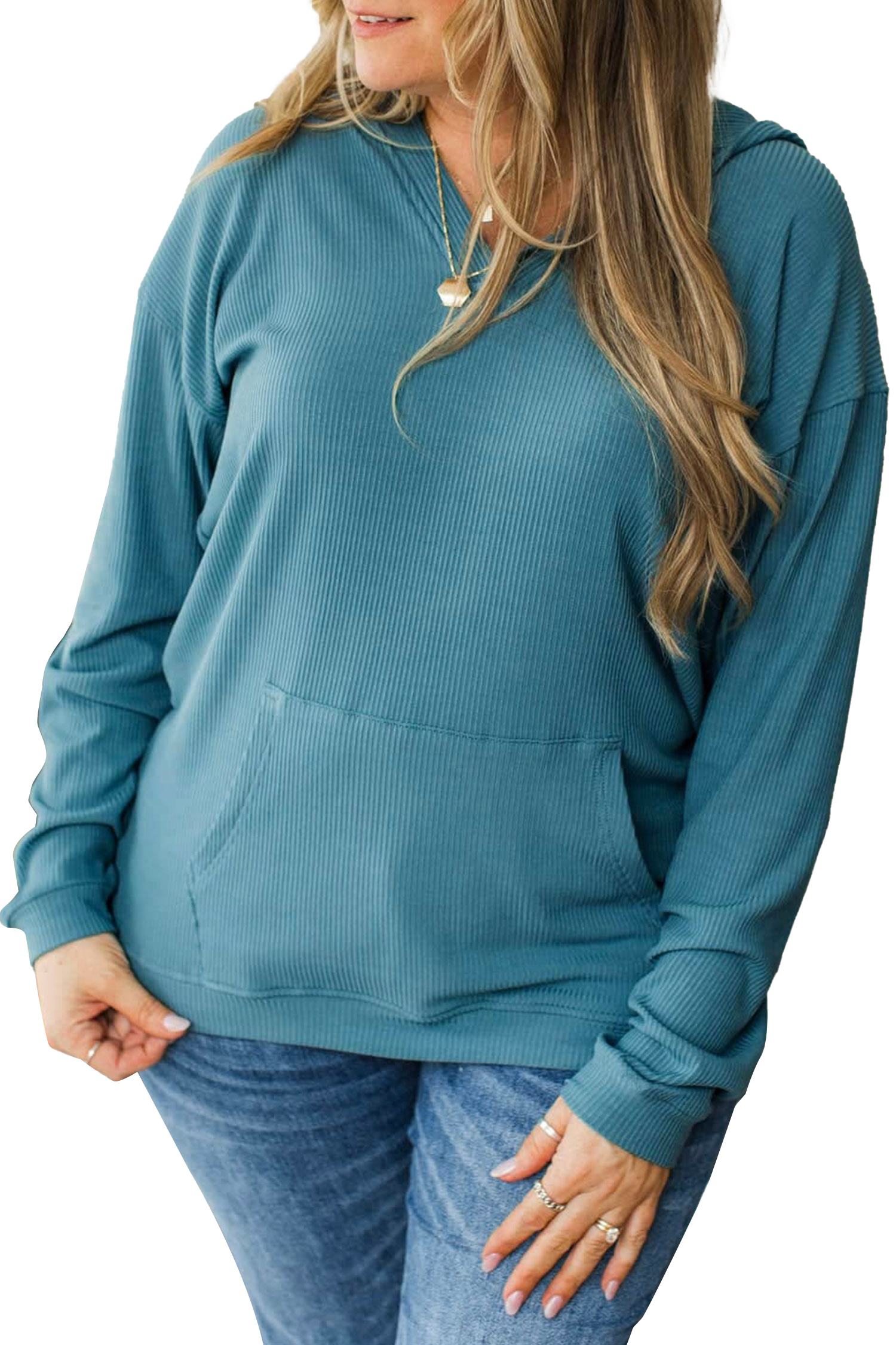 Women's Ribbed Hooded Blouse, Casual Long Sleeve Top - Main View