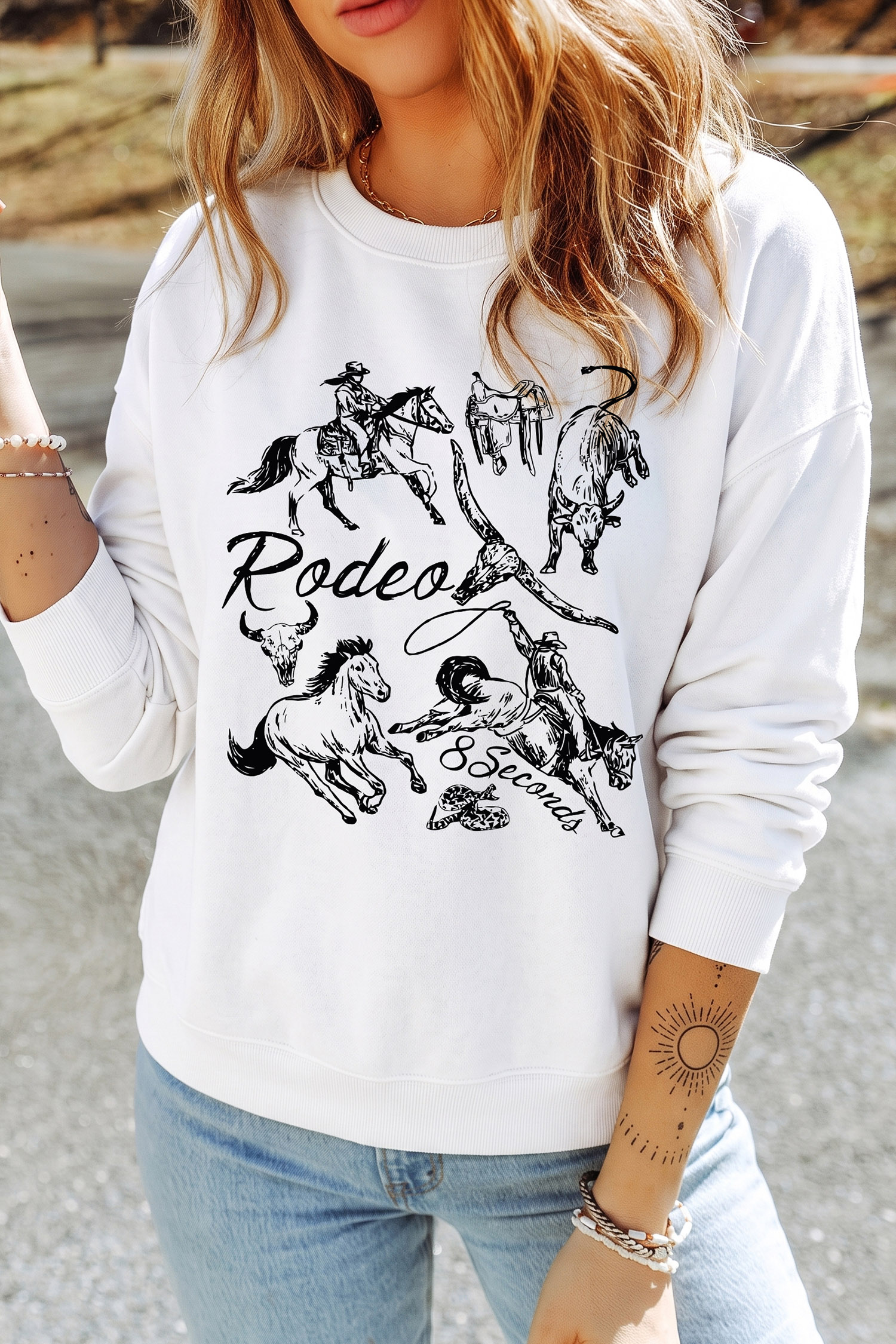 Comfortable Graphic Sweatshirt, White Western Rodeo Apparel - Detail View 6