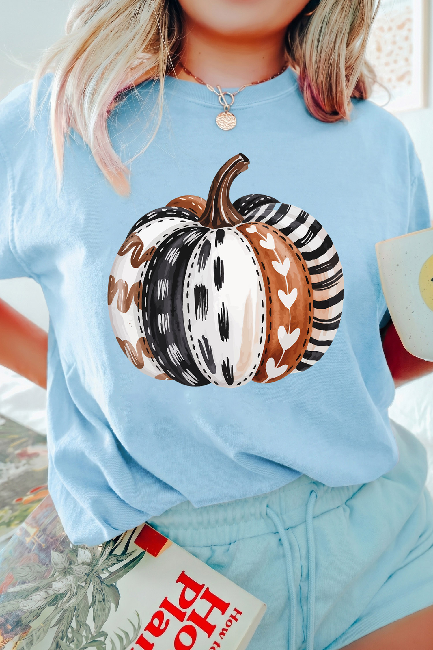 Light Blue Fall Graphic Tee, Women's Seasonal Pumpkin Shirt - Detail View 2