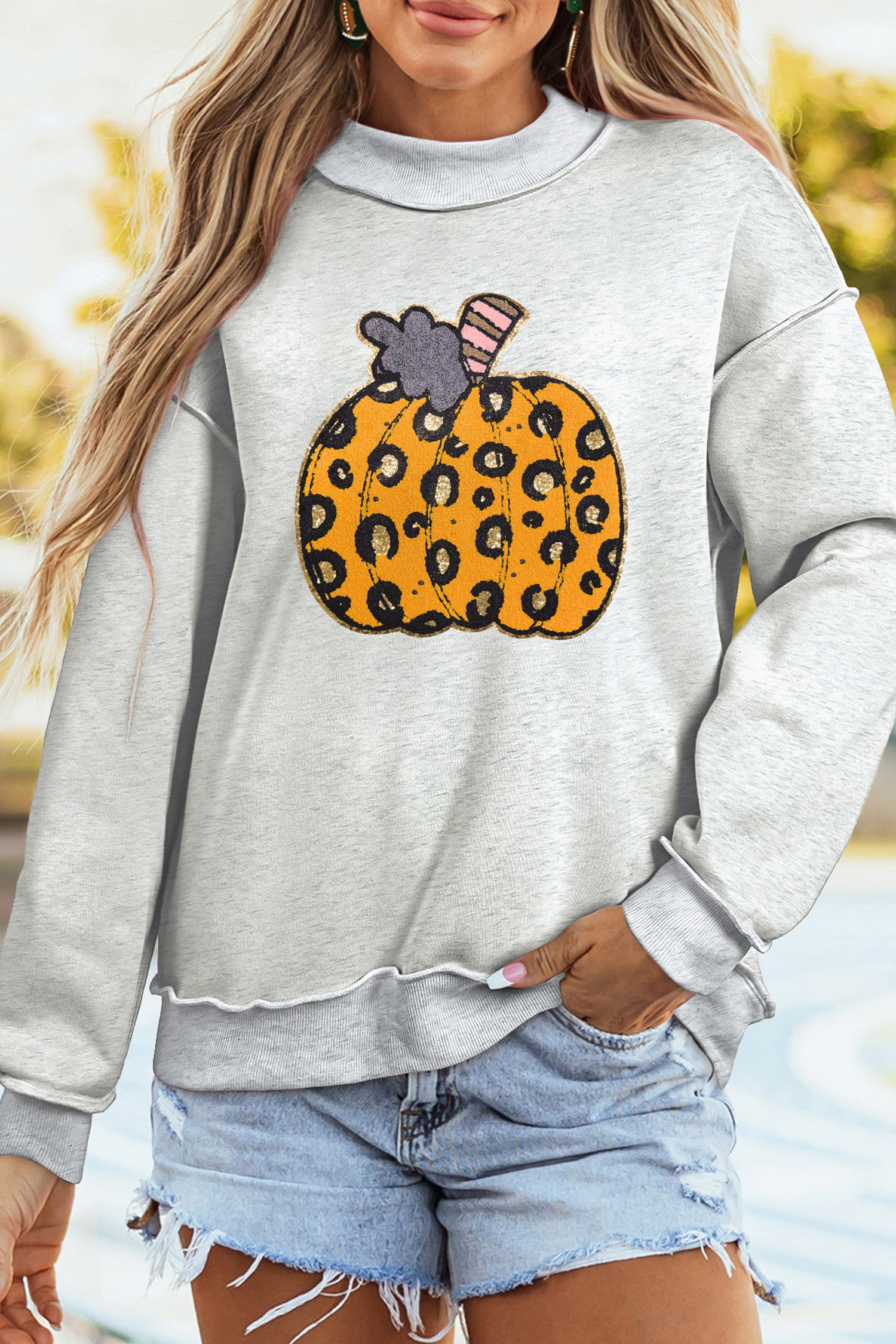 Women's Leopard Pumpkin Sweatshirt, Casual Fall Mock Neck Top - Detail View 7