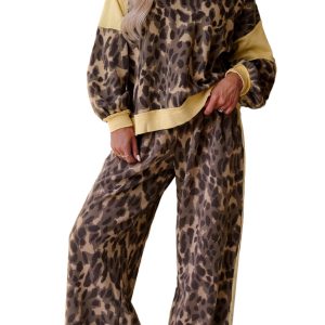 Women's Leopard Print Set, Casual V Neck Long Sleeve Loungewear - Main View
