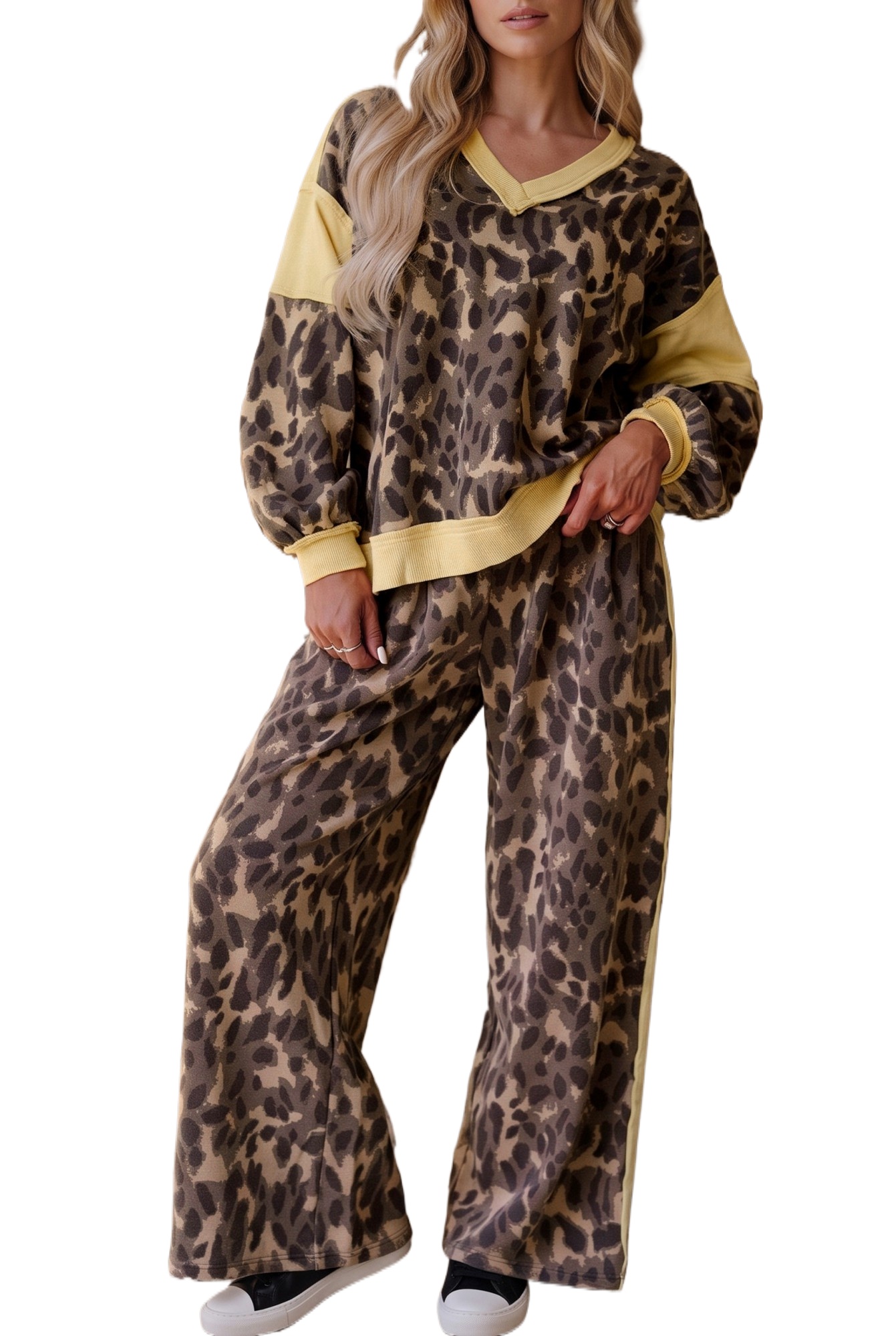 Women's Leopard Print Set, Casual V Neck Long Sleeve Loungewear - Main View