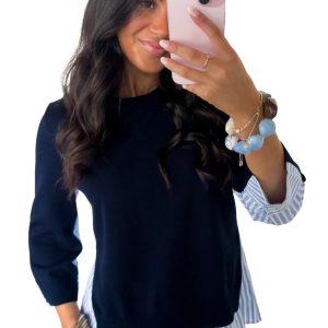 Women's Navy Striped Pullover, Casual Layered Look Sweater - Main View