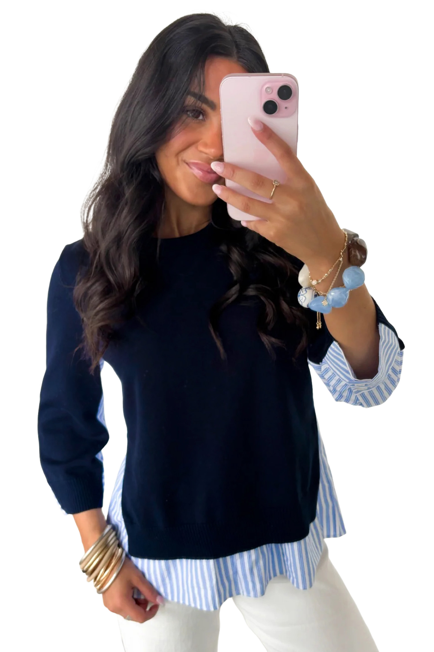 Women's Navy Striped Pullover, Casual Layered Look Sweater - Main View