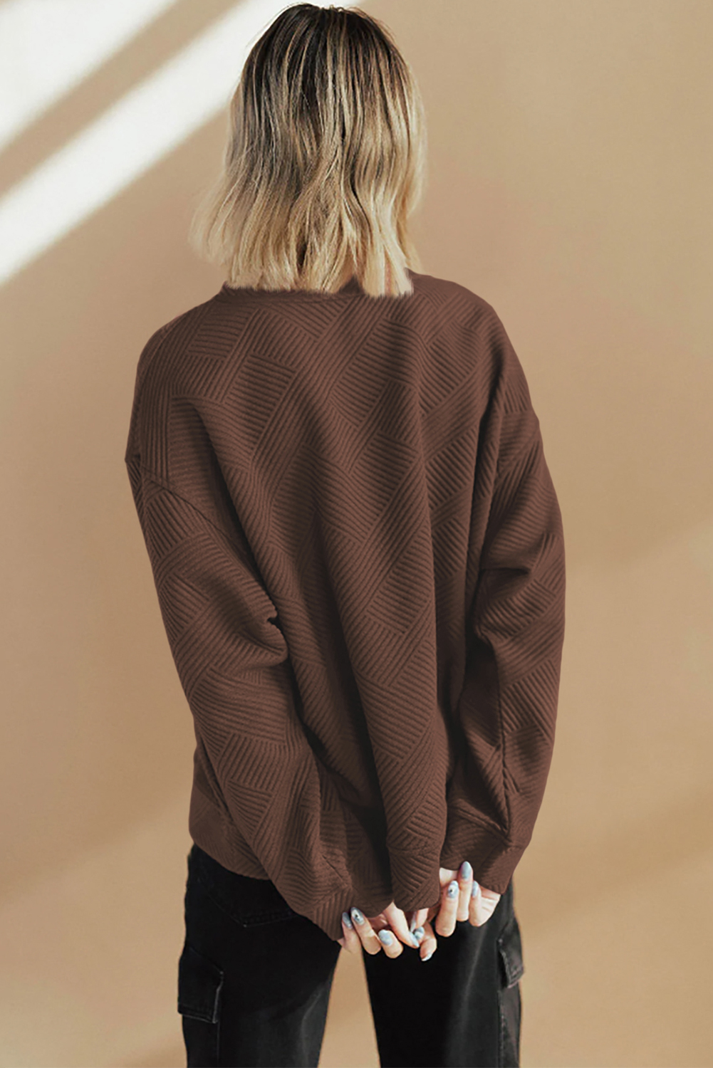 Casual Drop Shoulder Sweatshirt, Textured Coffee Pullover - Detail View 8
