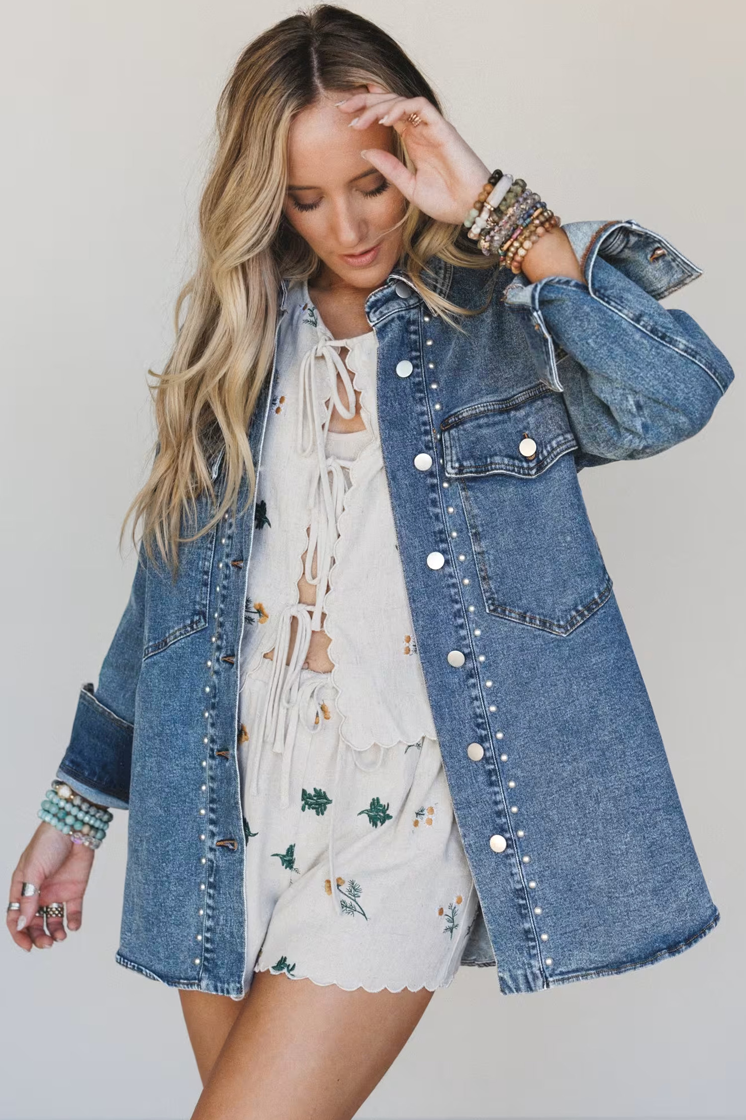 Women's Studded Denim Jacket, Sail Blue Western Style Coat - Detail View 7
