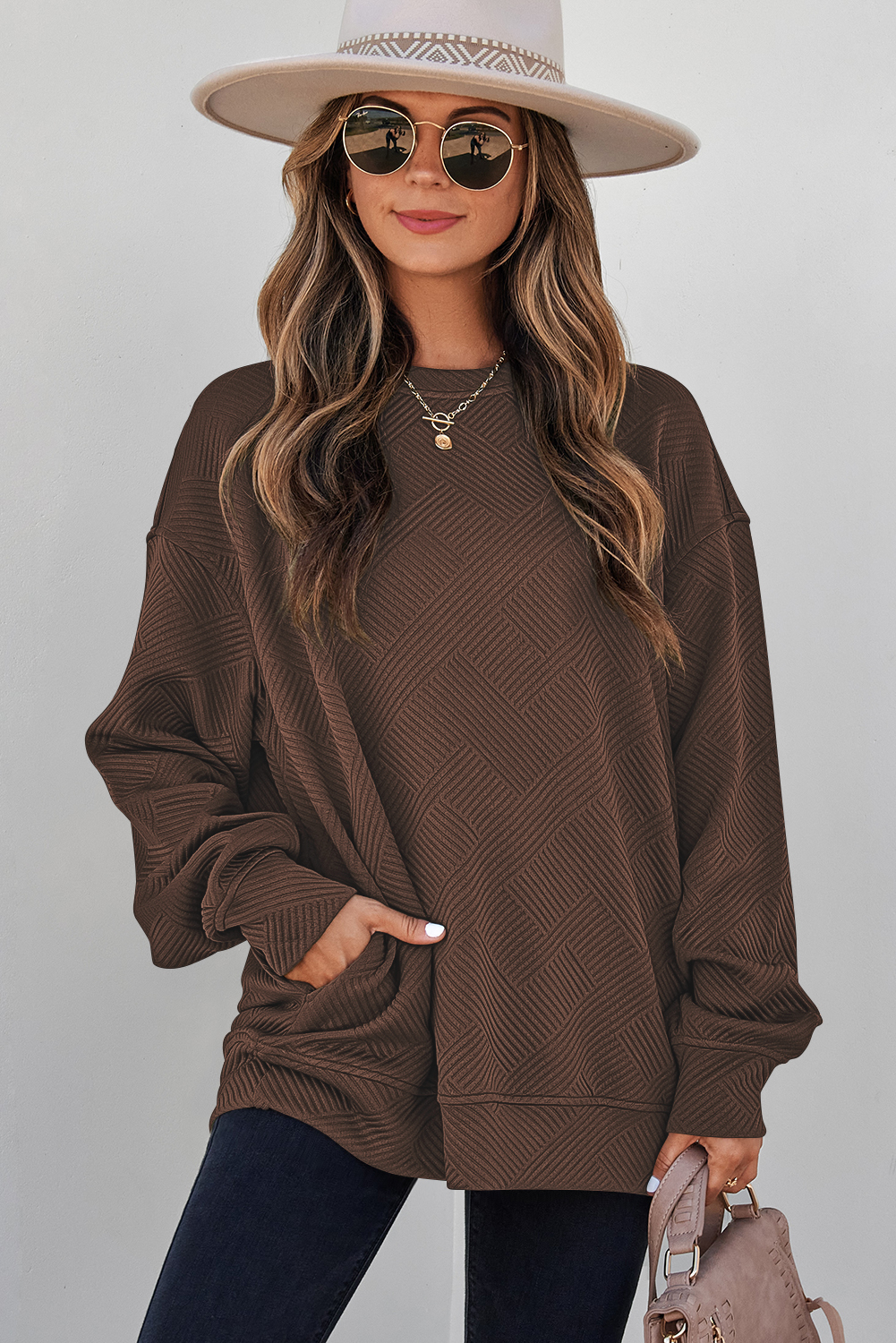 Casual Drop Shoulder Sweatshirt, Textured Coffee Pullover - Detail View 5