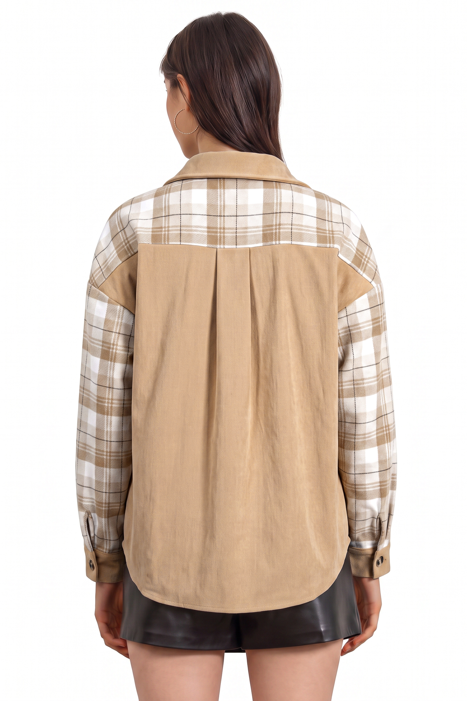 Casual Beige Plaid Shacket, Long Sleeve Button Down Shirt - Detail View 5
