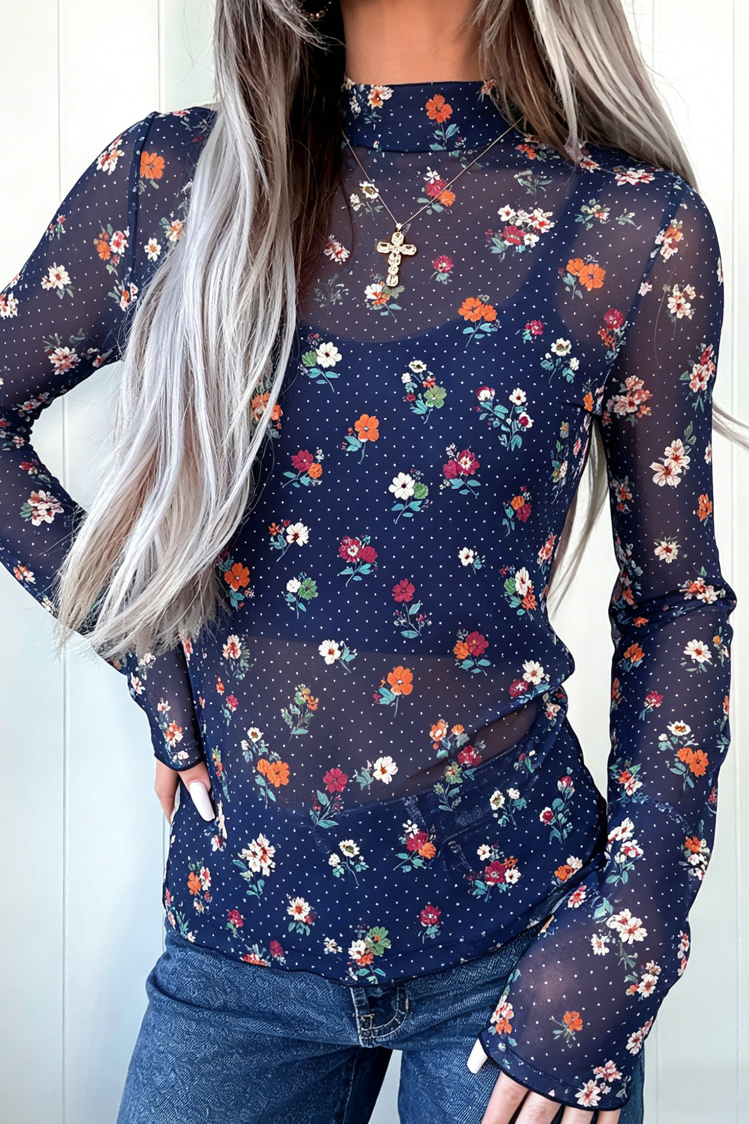 Sheer Polka Dot Floral Pullover, Sexy High Neck Mesh Shirt - Detail View 2