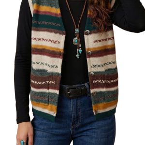 Women's Striped Knit Vest, Button Front Sleeveless Sweater - Main View