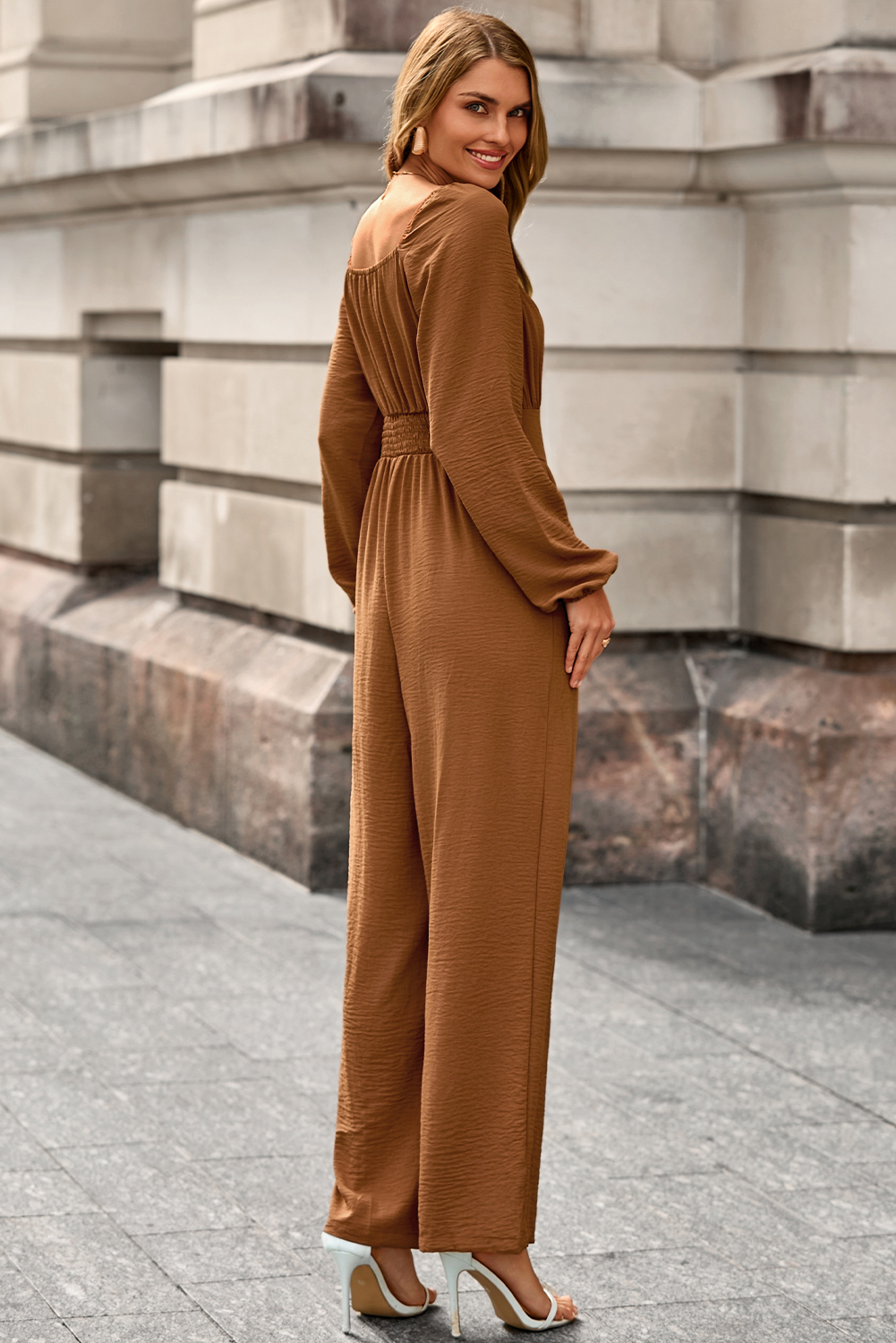 Women's Elegant Autumn Jumpsuit, Solid Color Button Detail - Detail View 2
