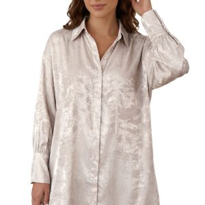 Women's Metallic Velvet Shirt Dress, Elegant Long Sleeve Mini - Main View