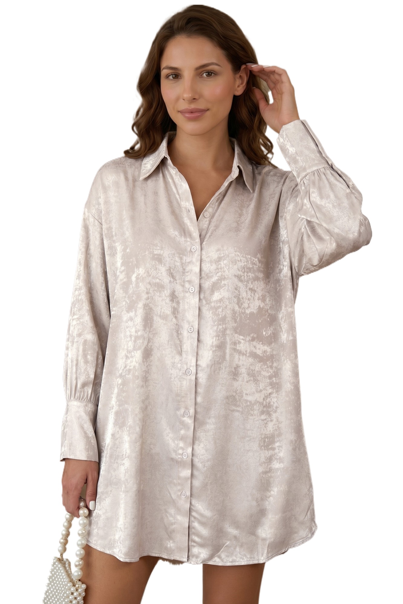 Women's Metallic Velvet Shirt Dress, Elegant Long Sleeve Mini - Main View