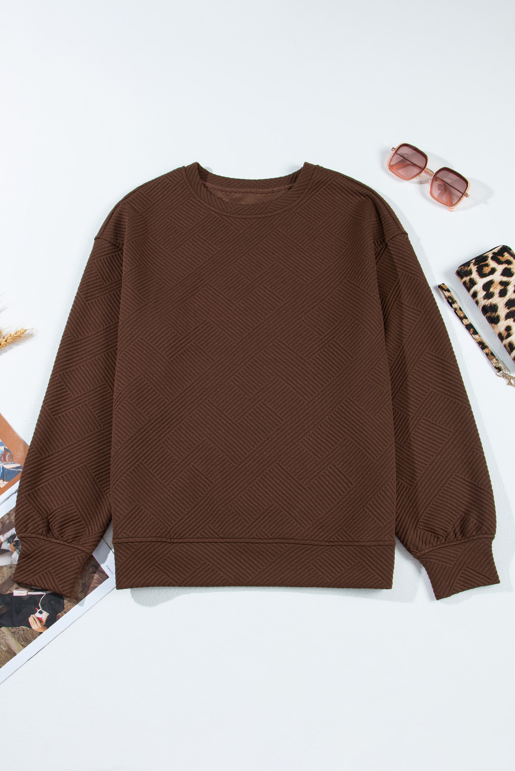 Women's Coffee Pullover, Textured Round Neck Sweatshirt - Detail View 10