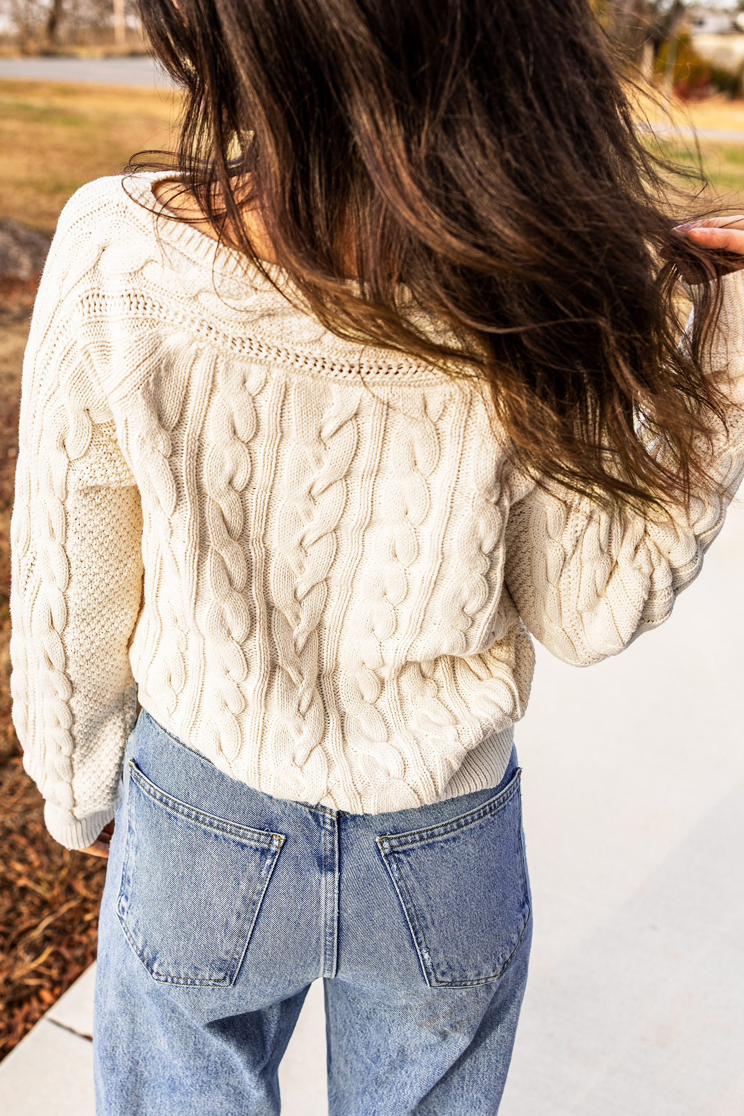 Beige Round Neck Cable Sweater, Casual Textured Fall Pullover - Detail View 2