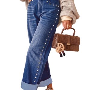 Studded Women's Straight Leg Jeans, Casual Daily Denim Pants - Main View
